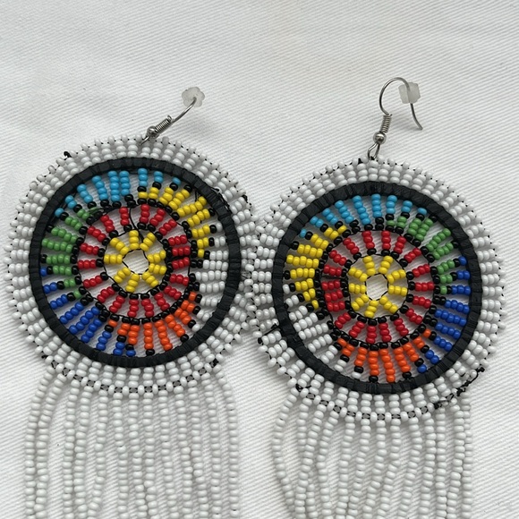 White Beaded Handmade African Earrings - Picture 3 of 6